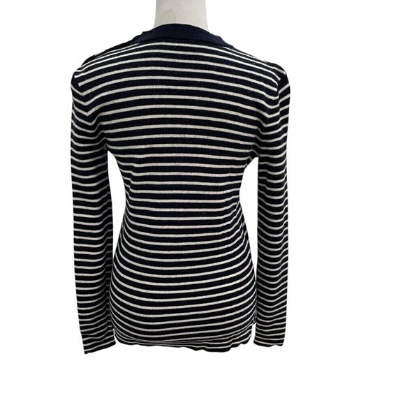 EVERLANE 100% Wool Striped Button Shoulder Knit Sweater Navy White size Small - Picture 4 of 6